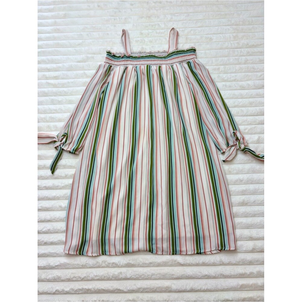 As U Wish Pink Green Striped Off-Shoulder Dress with Green & Blue Stripes M